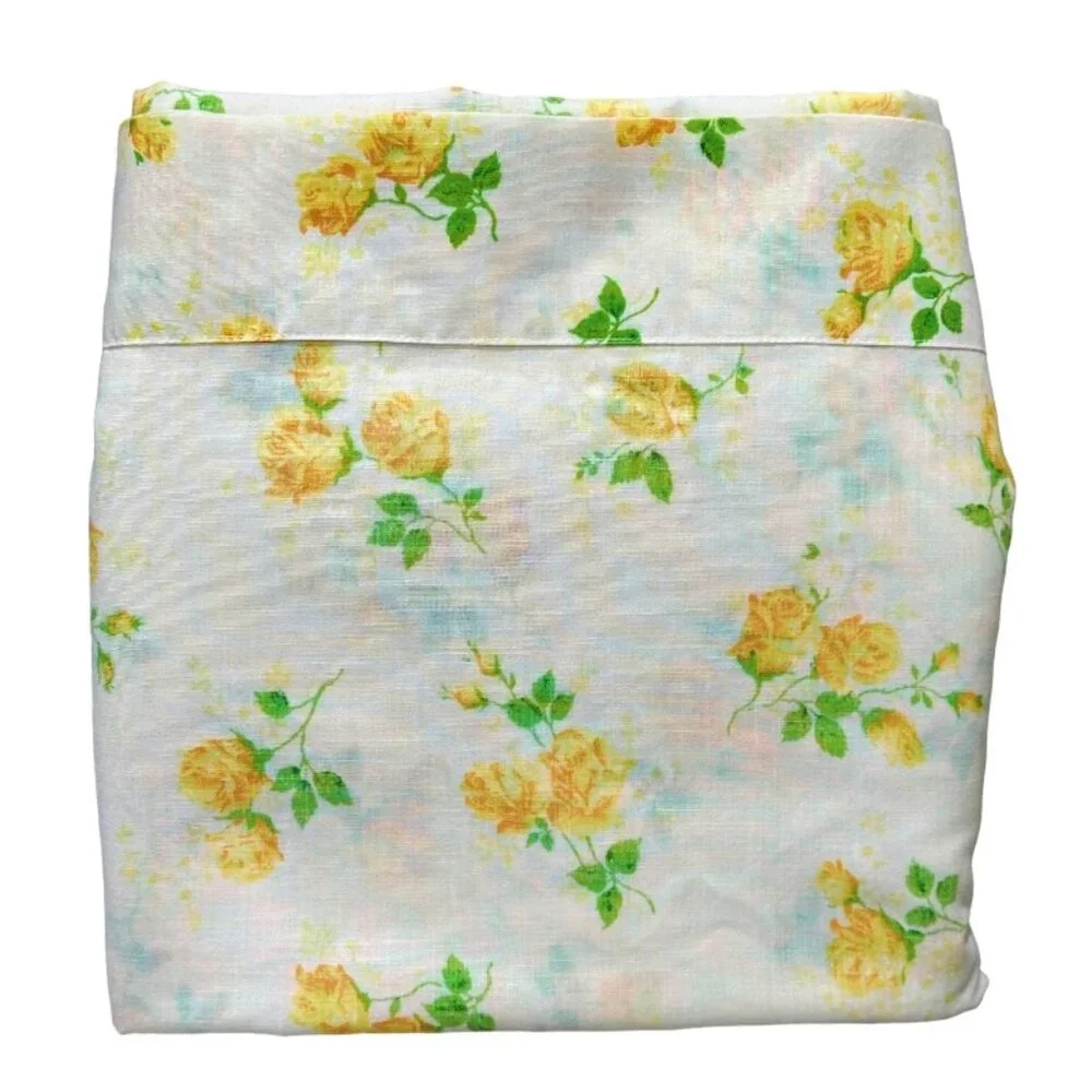 Vintage Dan River Dantrel Full Size Yellow Rose Floral Flat Sheet Muslin Cottage